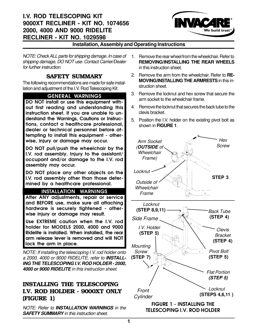 Invacare 2000, 4000 operating instructions Side Frame, Front 