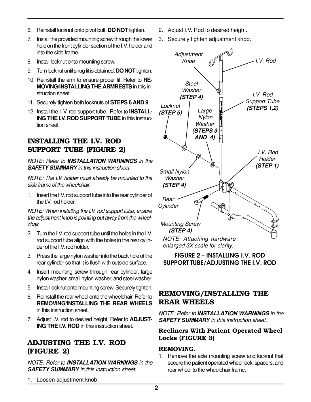Invacare 4000, 2000 Installing the I.V. ROD Support Tube Figure, Adjusting the I.V. ROD Figure, Removing 