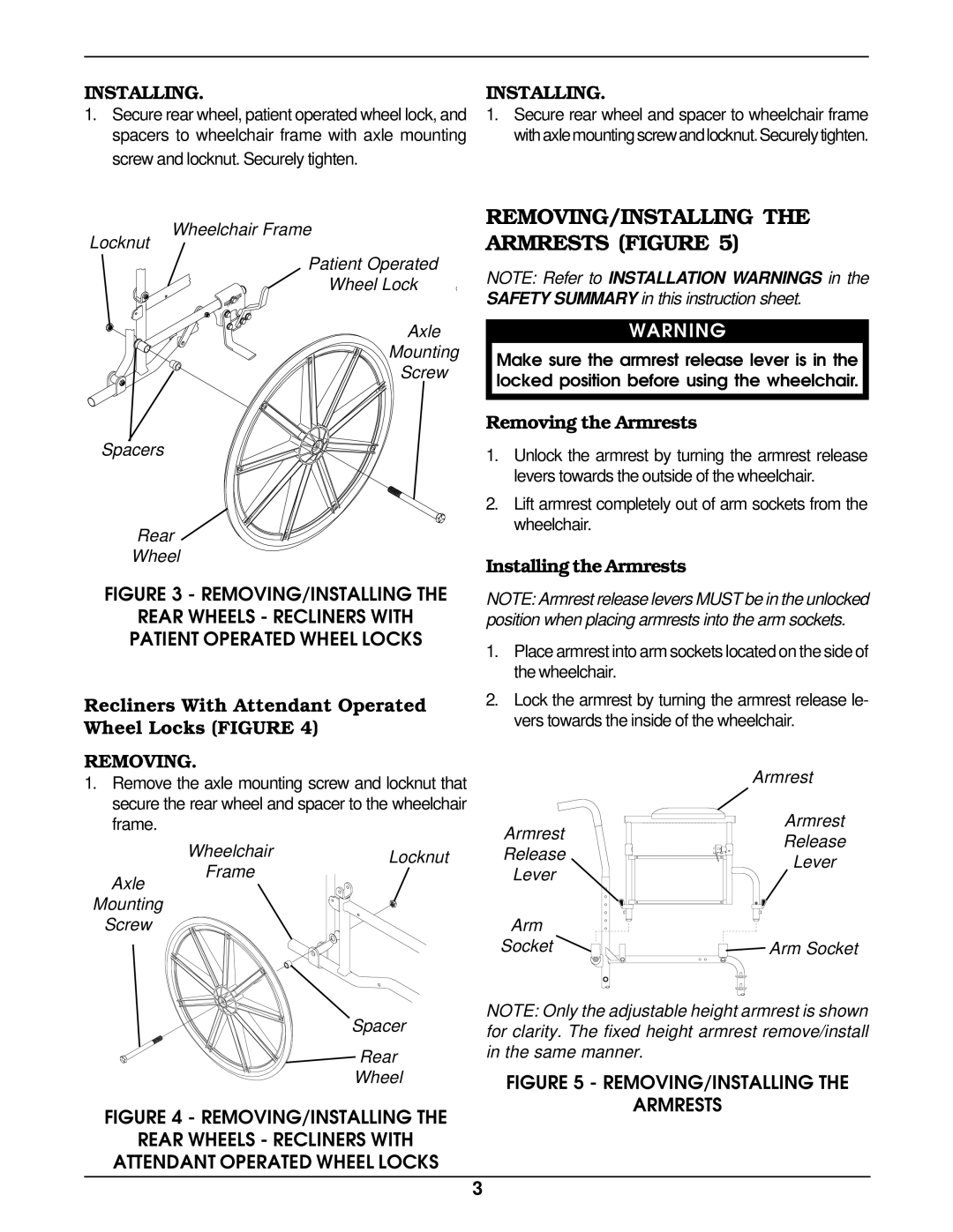 Invacare 2000, 4000 operating instructions REMOVING/INSTALLING the Armrests Figure, Installing 