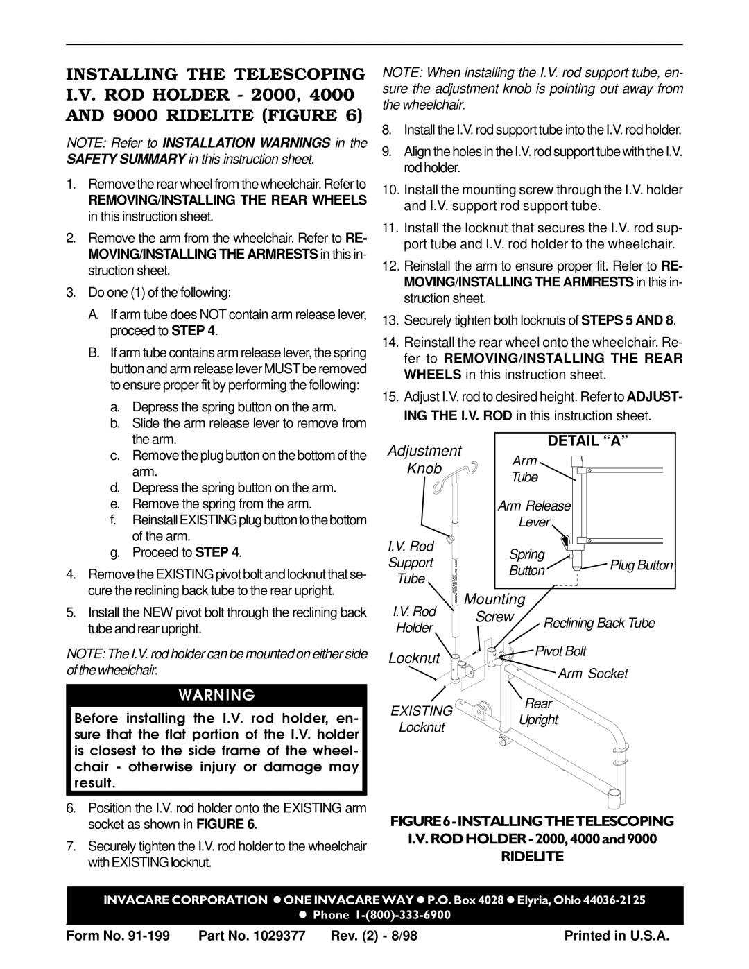 Invacare 4000, 2000 operating instructions Adjustment Knob, Mounting, Locknut 