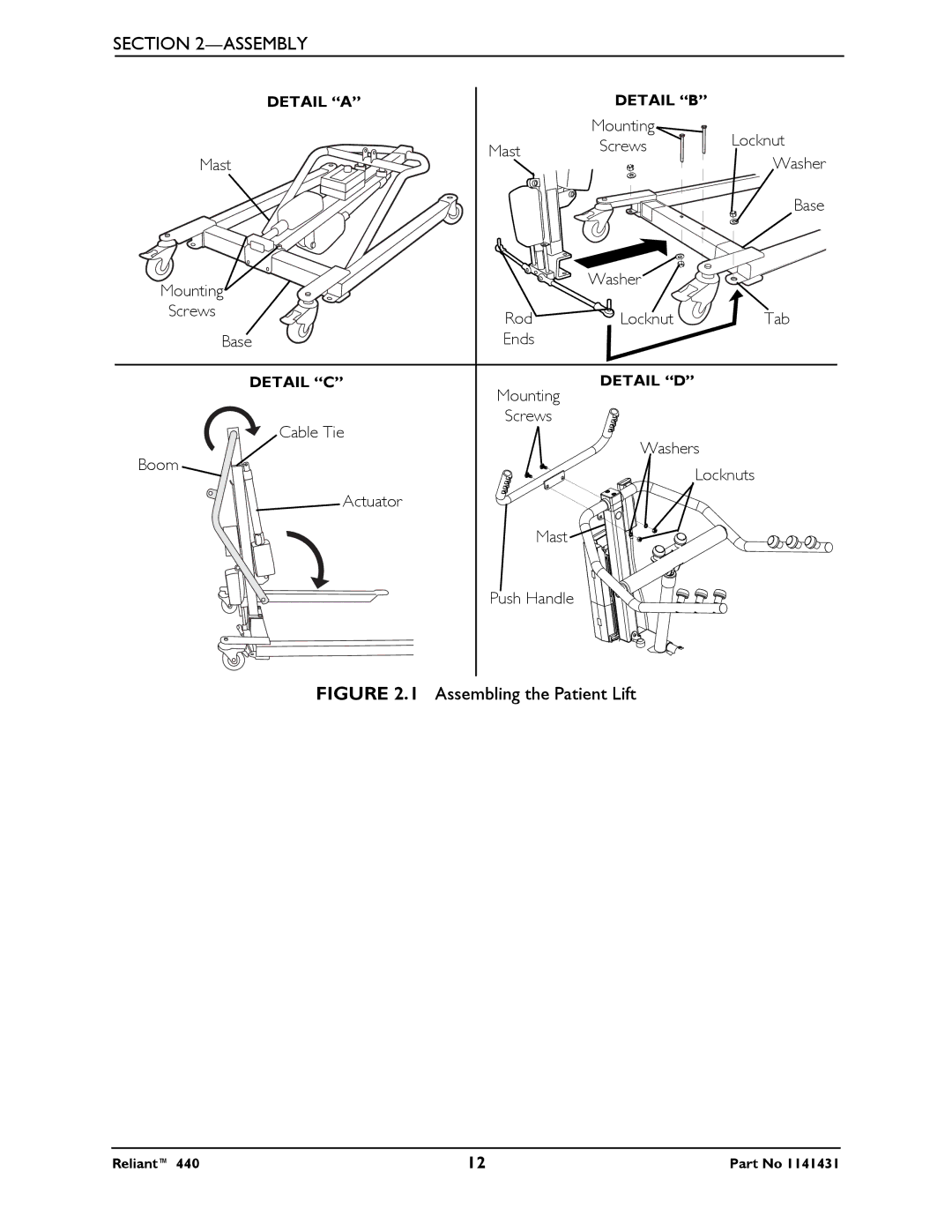 Invacare 440 manual Assembling the Patient Lift 