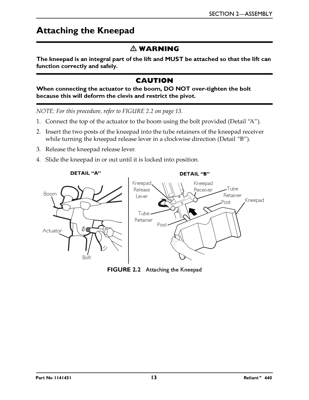 Invacare 440 manual Attaching the Kneepad 