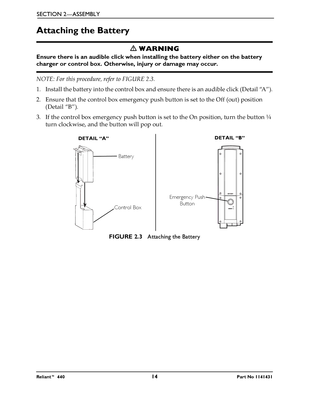 Invacare 440 manual Attaching the Battery 