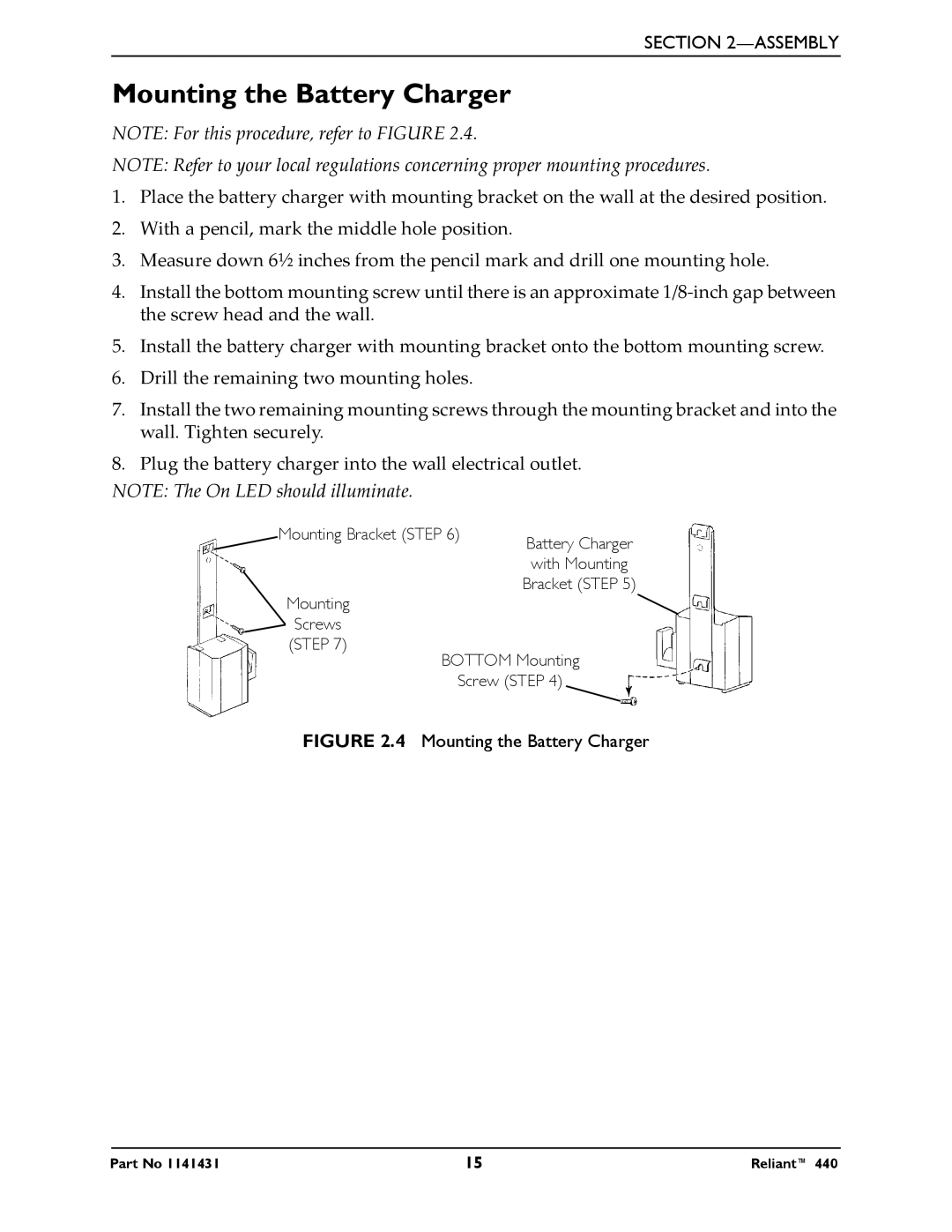 Invacare 440 manual Mounting the Battery Charger 