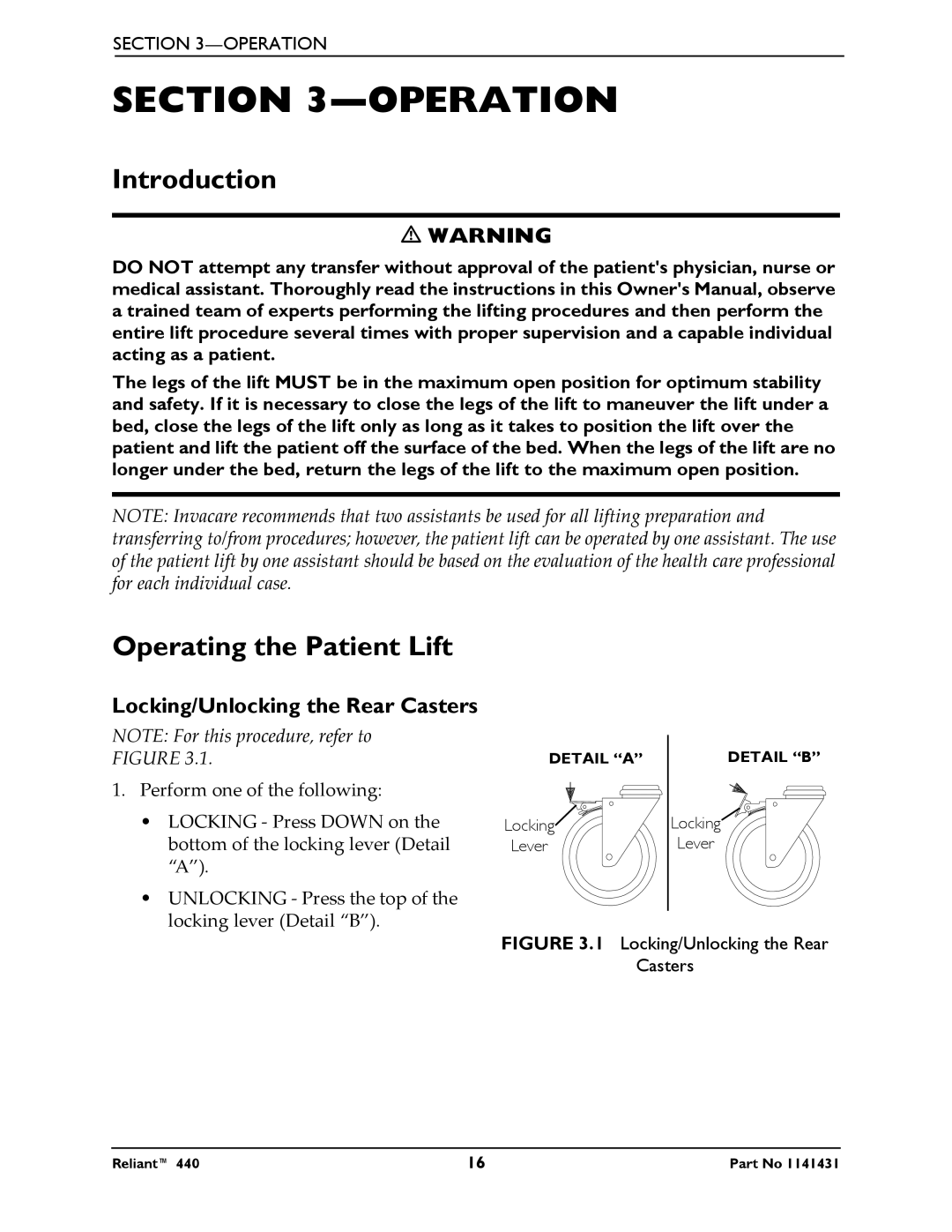 Invacare 440 manual Operation, Introduction, Operating the Patient Lift, Locking/Unlocking the Rear Casters 