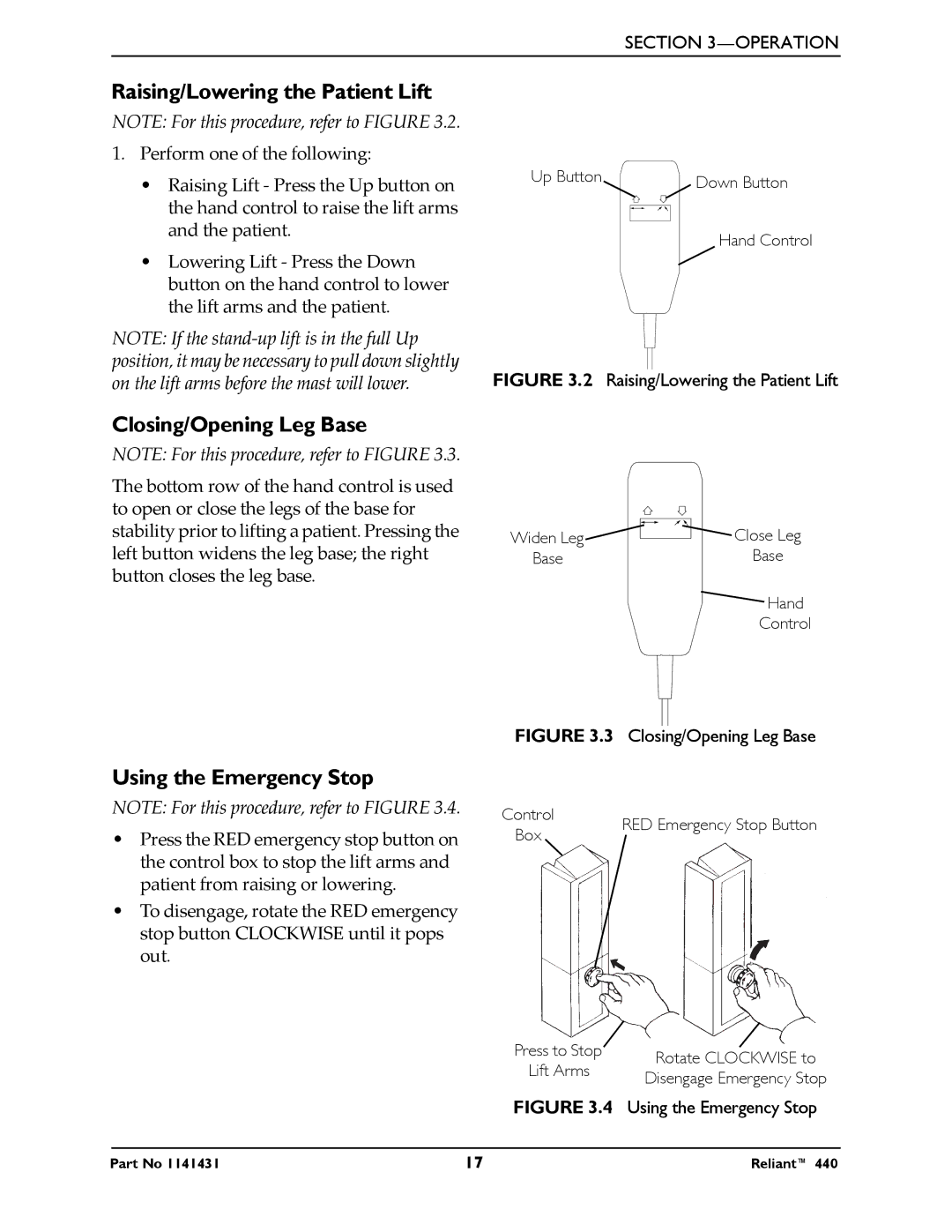 Invacare 440 manual Raising/Lowering the Patient Lift, Closing/Opening Leg Base, Using the Emergency Stop 