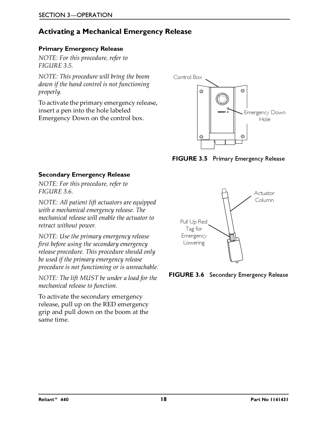 Invacare 440 manual Activating a Mechanical Emergency Release, Primary Emergency Release 