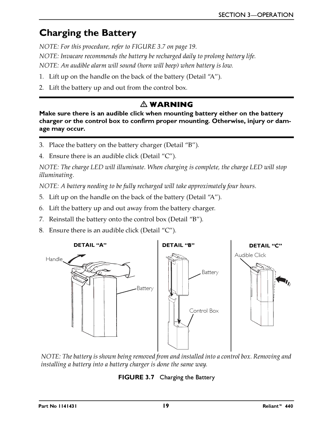 Invacare 440 manual Charging the Battery 