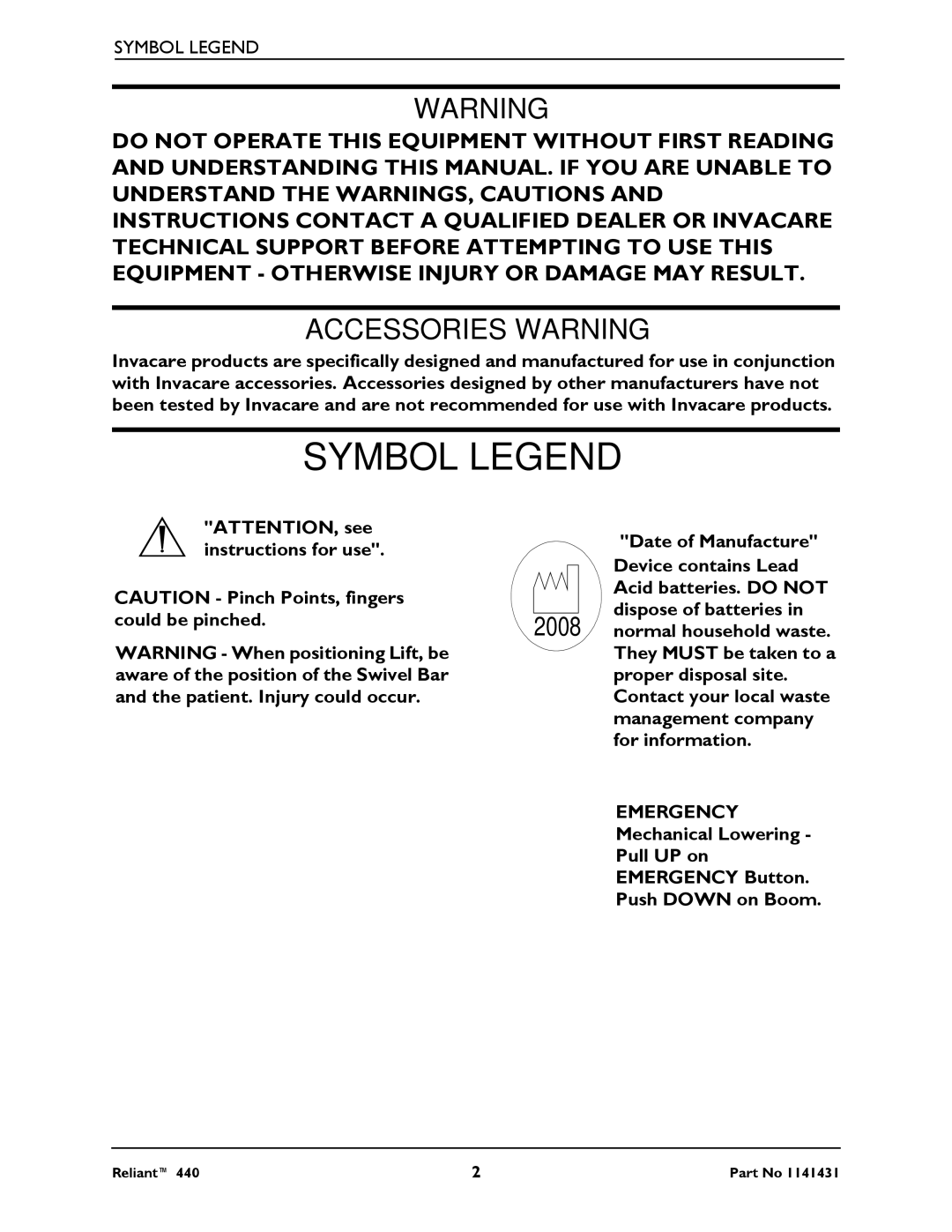 Invacare 440 manual Symbol Legend, Accessories Warning 