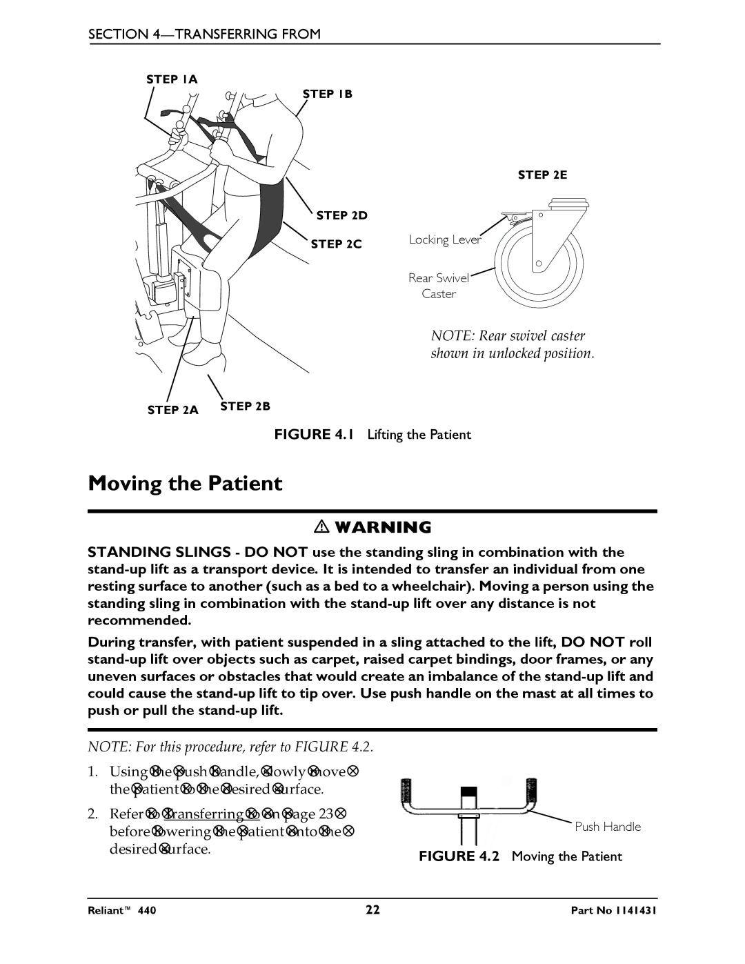 Invacare 440 manual Moving the Patient, Lifting the Patient 