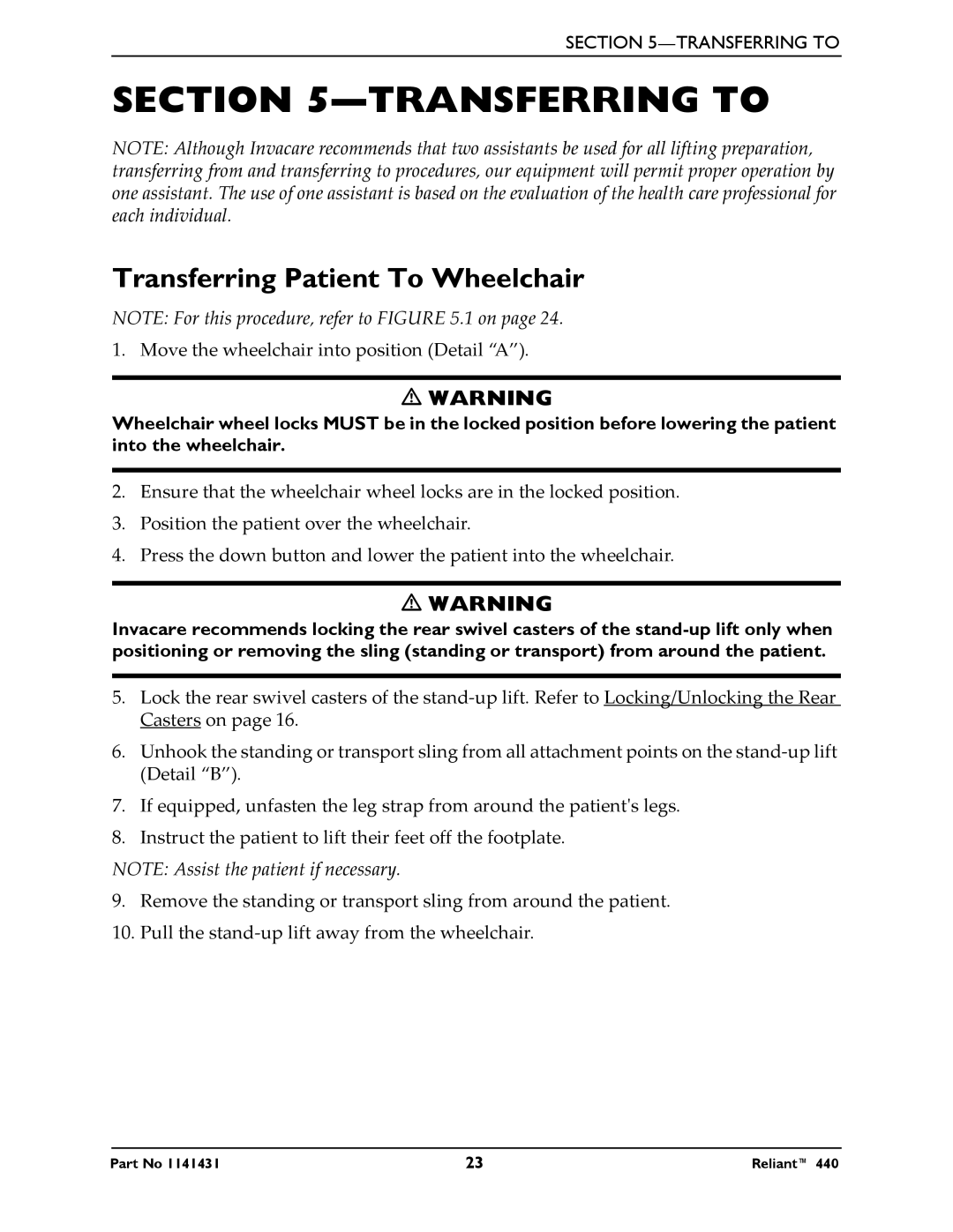 Invacare 440 manual Transferring to, Transferring Patient To Wheelchair 