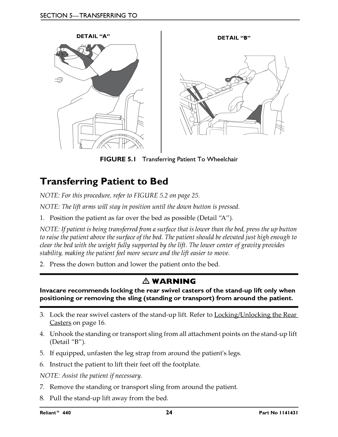 Invacare 440 manual Transferring Patient to Bed, Transferring Patient To Wheelchair 