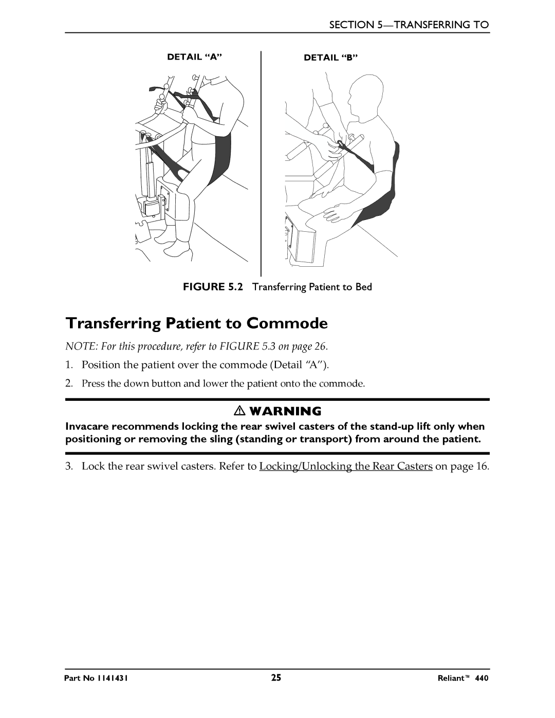 Invacare 440 manual Transferring Patient to Bed 