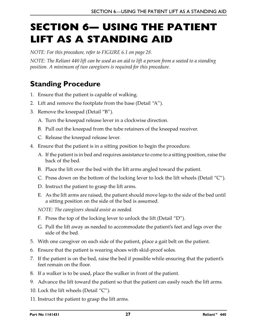 Invacare 440 manual Using the Patient Lift AS a Standing AID, Standing Procedure 