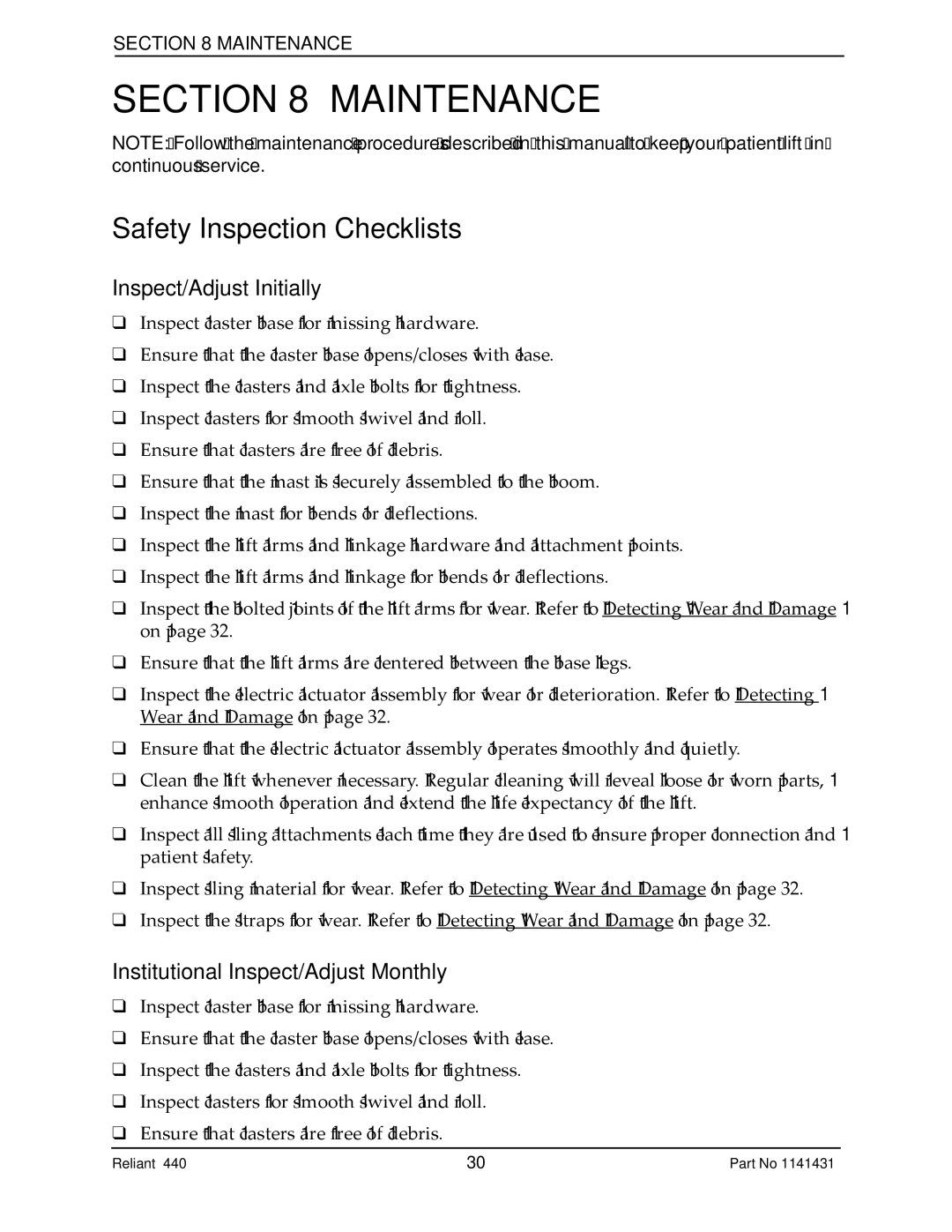 Invacare 440 Maintenance, Safety Inspection Checklists, Inspect/Adjust Initially, Institutional Inspect/Adjust Monthly 