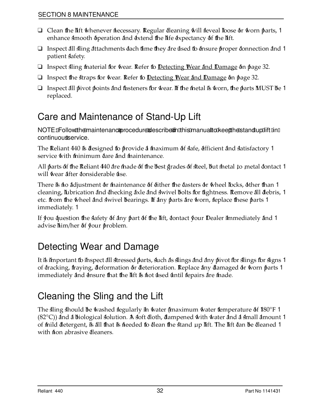 Invacare 440 manual Care and Maintenance of Stand-Up Lift, Detecting Wear and Damage, Cleaning the Sling and the Lift 