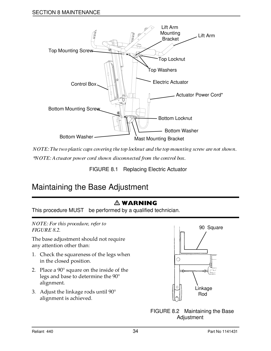 Invacare 440 manual Maintaining the Base Adjustment, Replacing Electric Actuator 