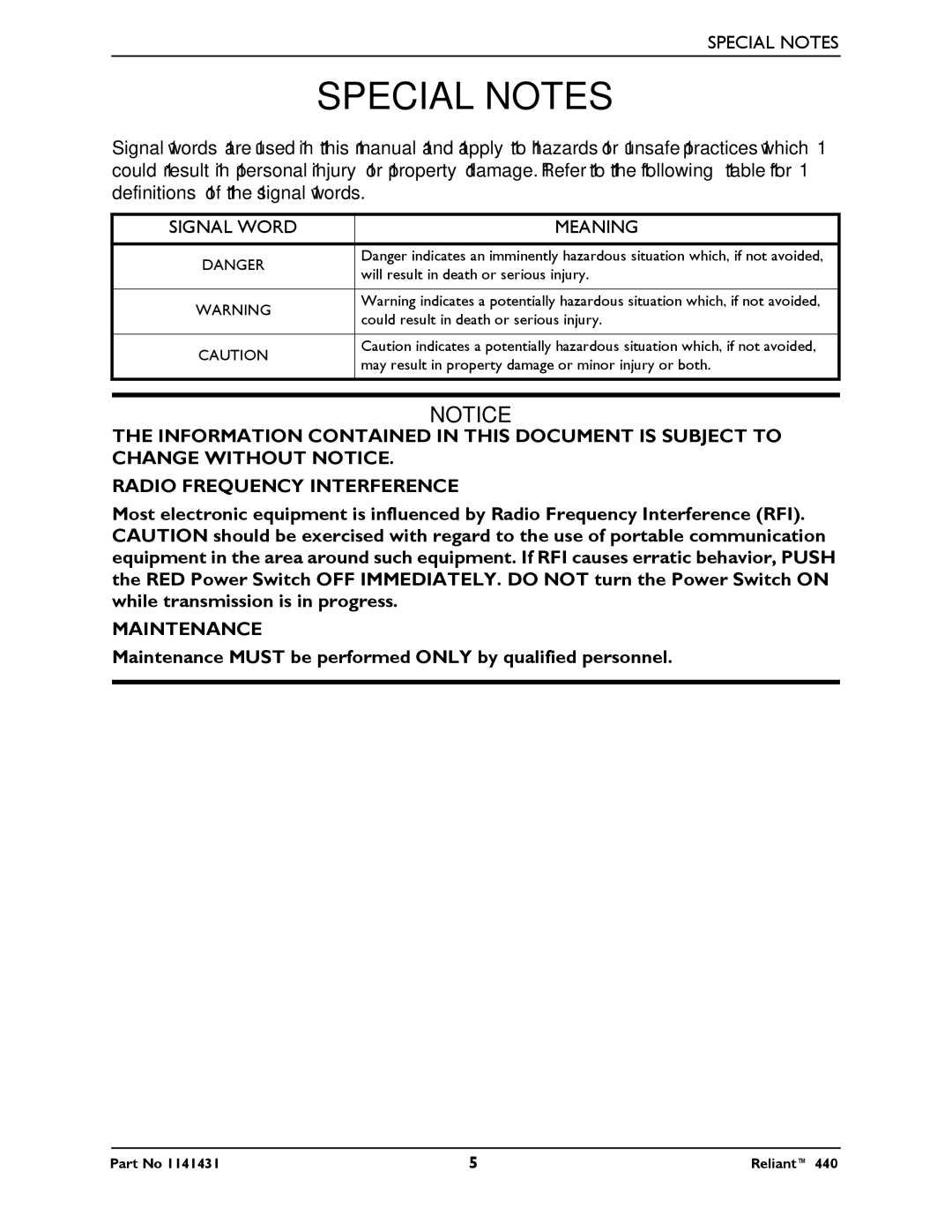 Invacare 440 manual Special Notes, Meaning 