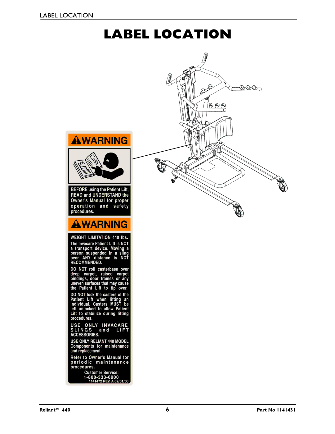 Invacare 440 manual Label Location 