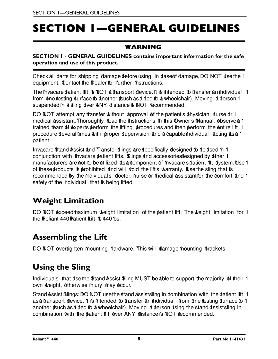 Invacare 440 manual General Guidelines, Weight Limitation, Assembling the Lift, Using the Sling 