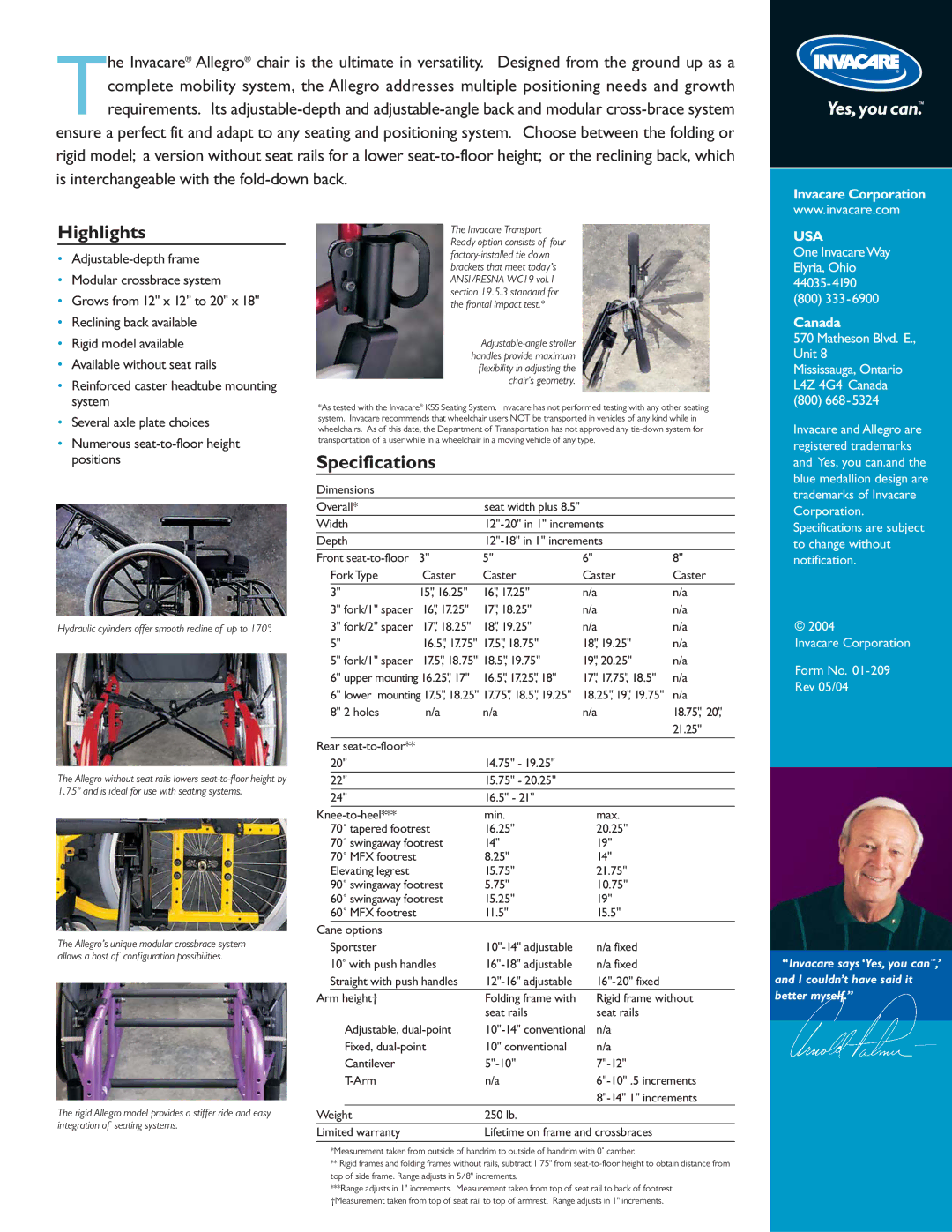 Invacare 44035-4190, 01-209 manual Highlights, Specifications, Invacare Corporation, Usa, Canada 