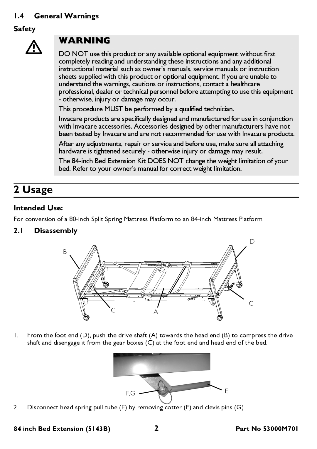 Invacare 5143B service manual Usage, General Warnings Safety, Intended Use, Disassembly 