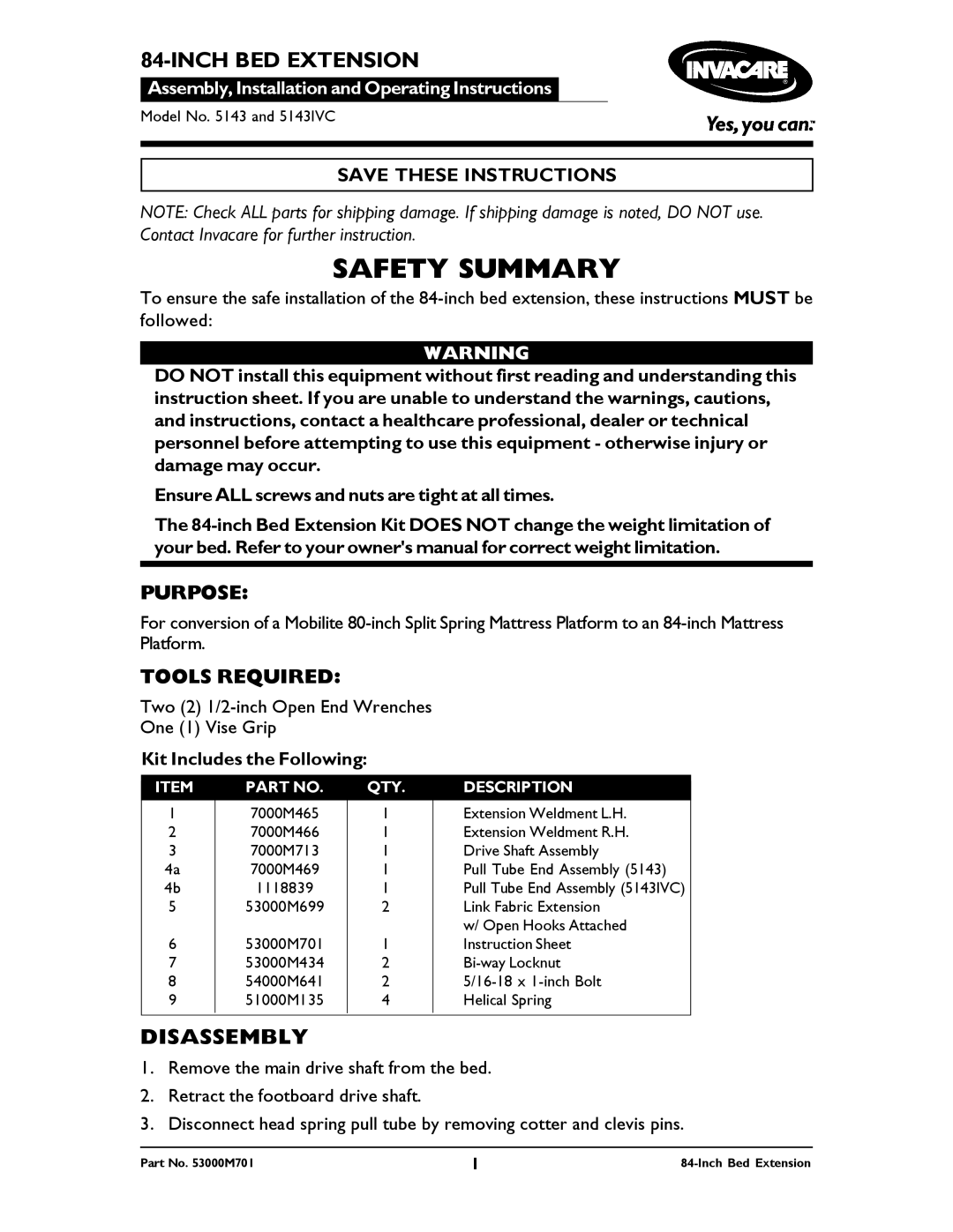 Invacare 5143IVC instruction sheet Inch BED Extension, Disassembly 