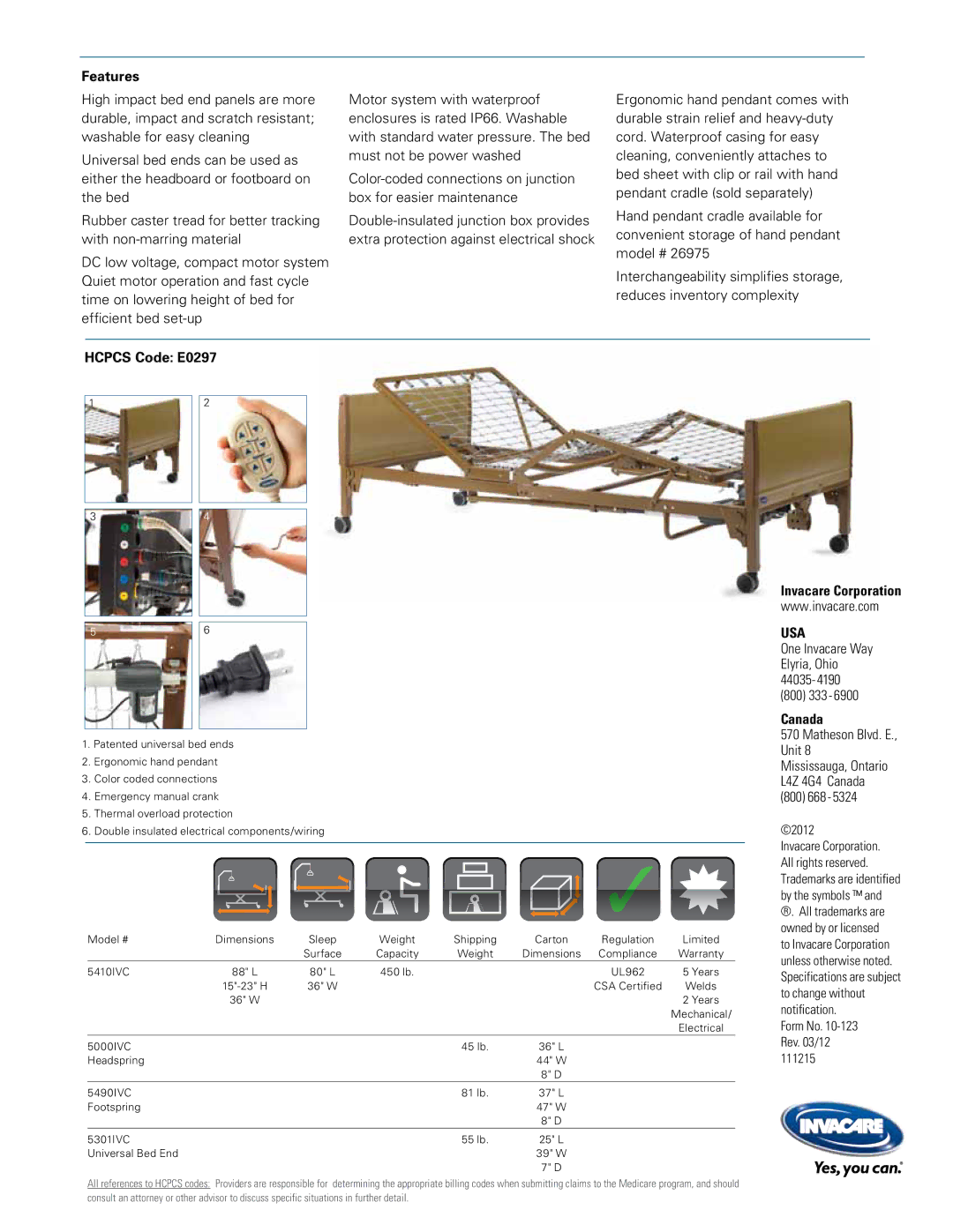 Invacare 5301IVC, 5490IVC, 5000IVC, 5410IVC manual Features, Hcpcs Code E0297, Invacare Corporation, Usa, Canada 