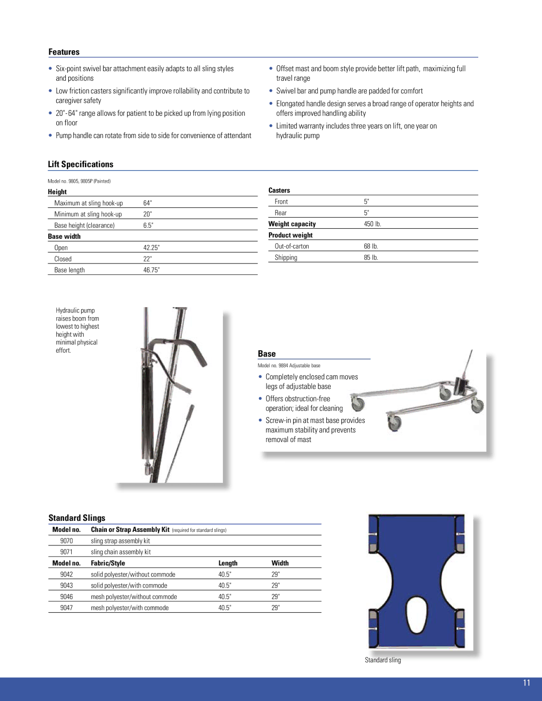 Invacare 350, 600, 450 manual Base, Standard Slings, Model no, Fabric/Style Length Width 