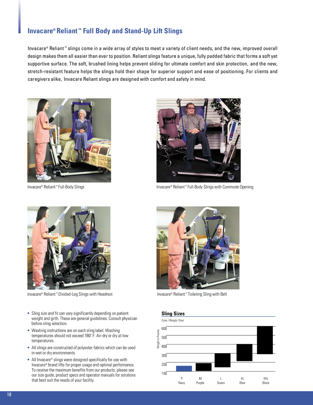 Invacare 600, 450, 350 manual Invacare Reliant Full Body and Stand-Up Lift Slings, Sling Sizes 