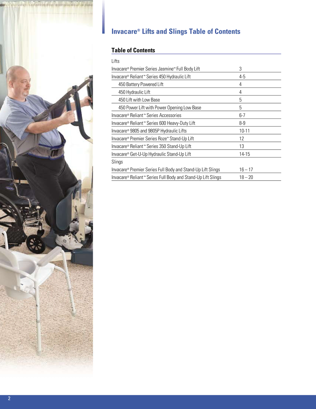 Invacare 350, 600, 450 manual Invacare Lifts and Slings Table of Contents 