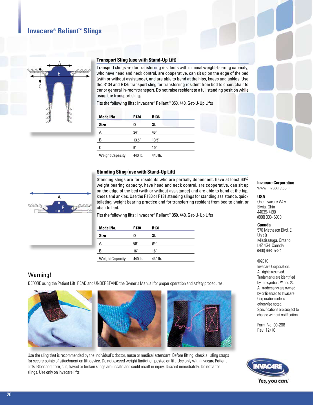 Invacare 350, 600 Invacare Reliant Slings, Transport Sling use with Stand-Up Lift, Standing Sling use with Stand-Up Lift 