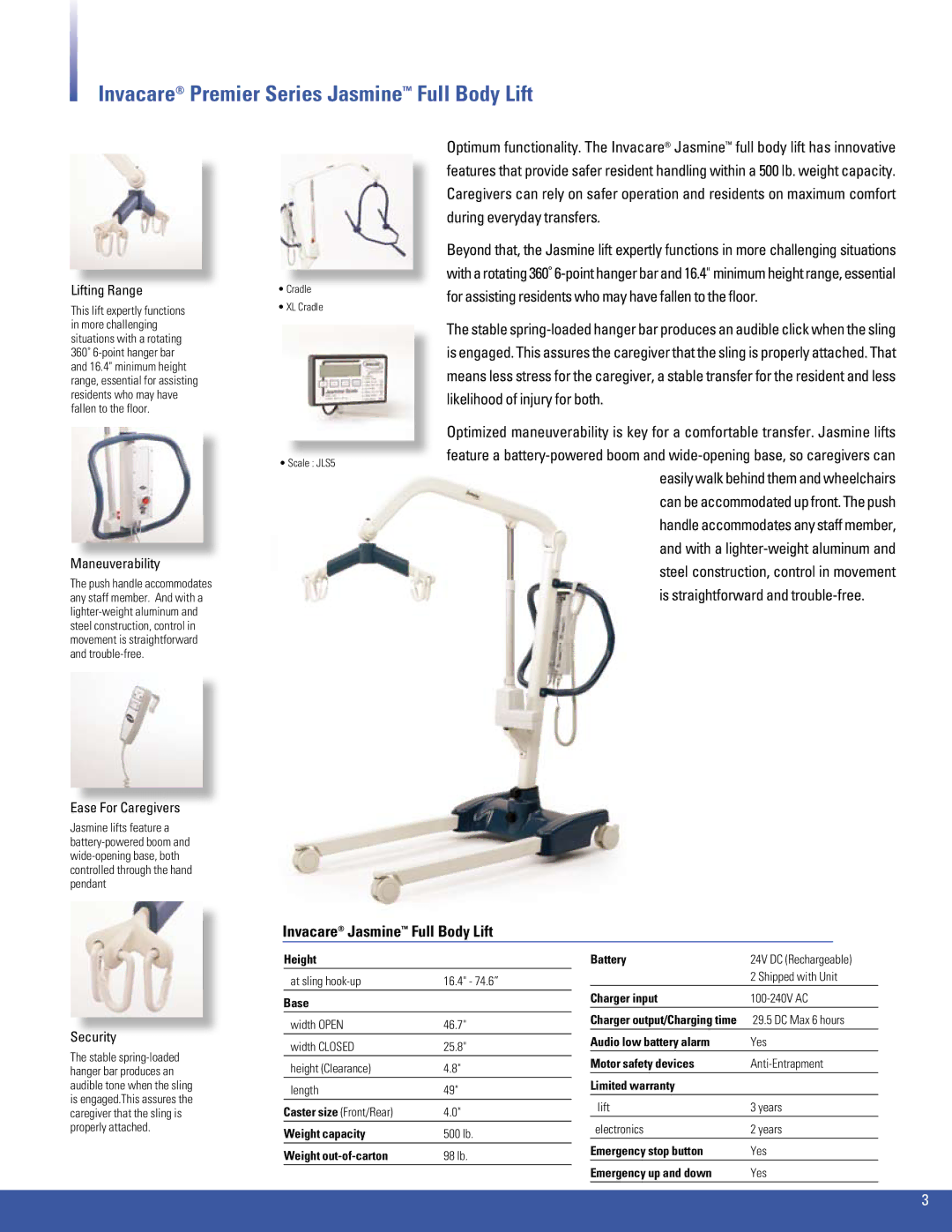 Invacare 600, 450, 350 manual Invacare Premier Series Jasmine Full Body Lift, Invacare Jasmine Full Body Lift 