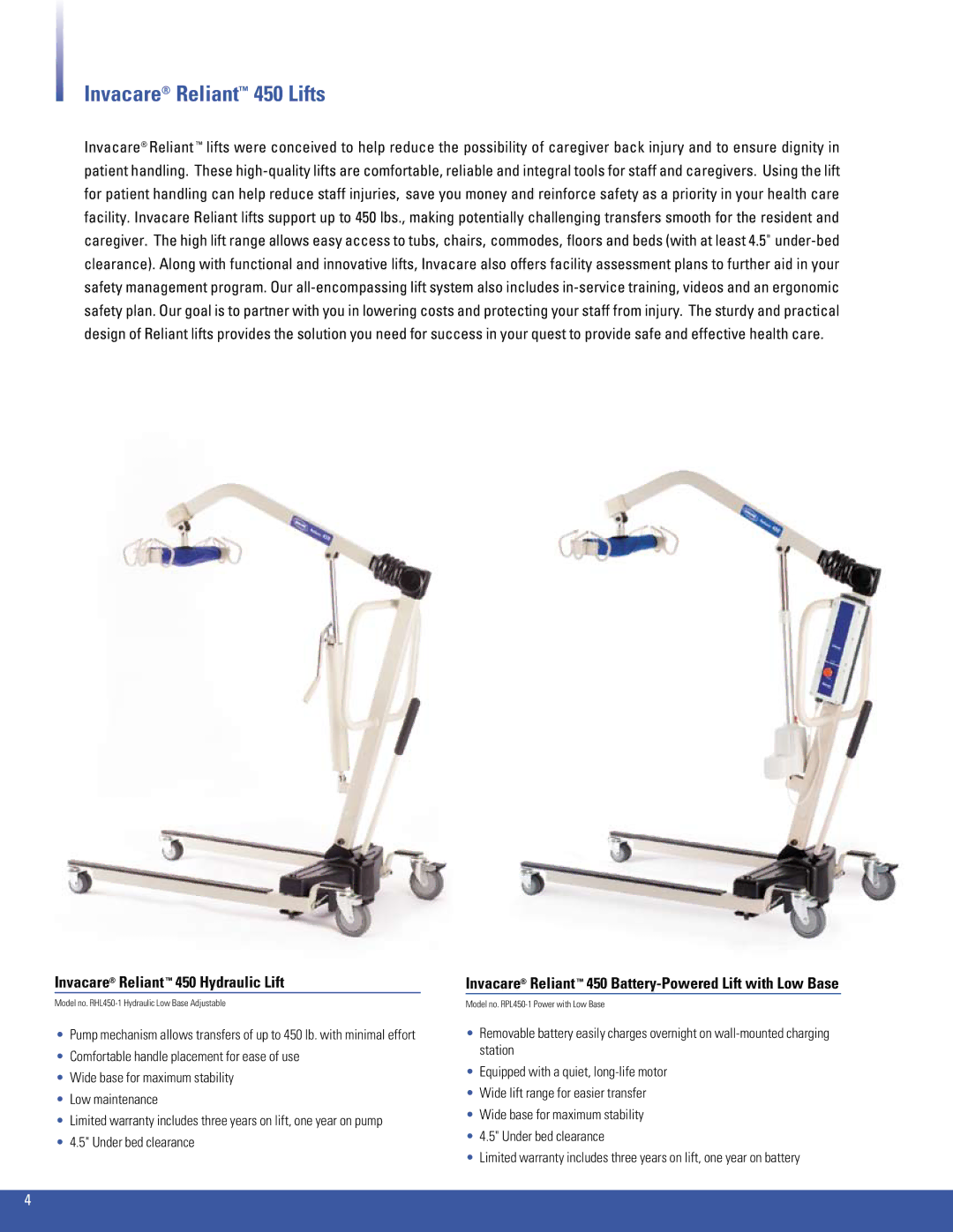 Invacare 600, 350 manual Invacare Reliant 450 Lifts, Invacare Reliant 450 Hydraulic Lift, Under bed clearance 