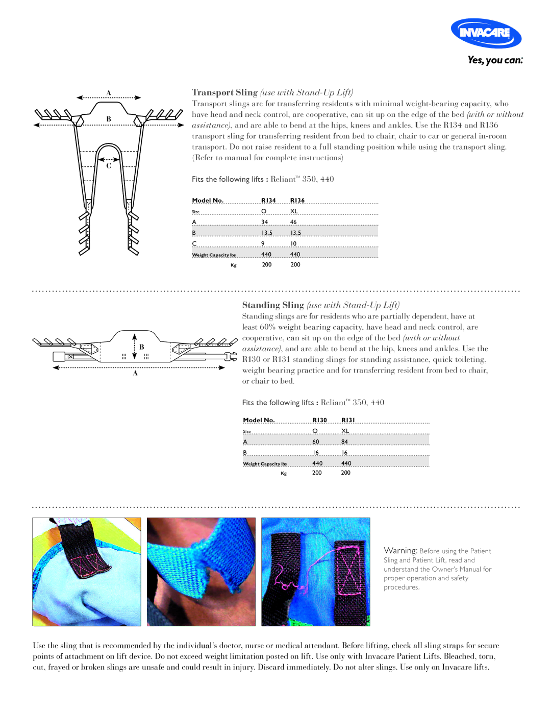 Invacare 450, 600 manual Transport Sling use with Stand-Up Lift 