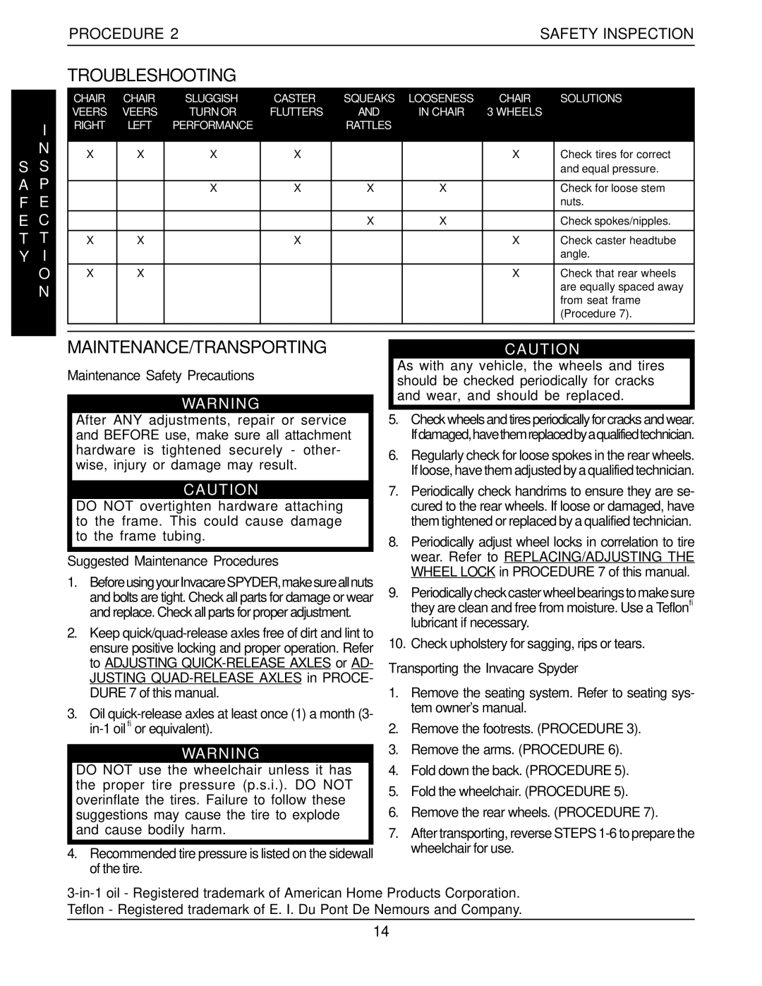 Invacare 1098348, 60106X144, 1101100, 1098318 Troubleshooting, Maintenance/Transporting, Procedure 2SAFETY Inspection 