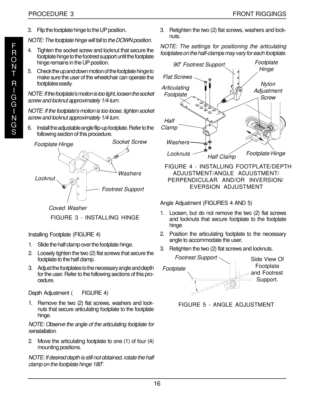 Invacare 1098330, 60106X144, 1101100 O N T, Procedure Front Riggings, Installing Footplate Figure, Depth Adjustment Figure 