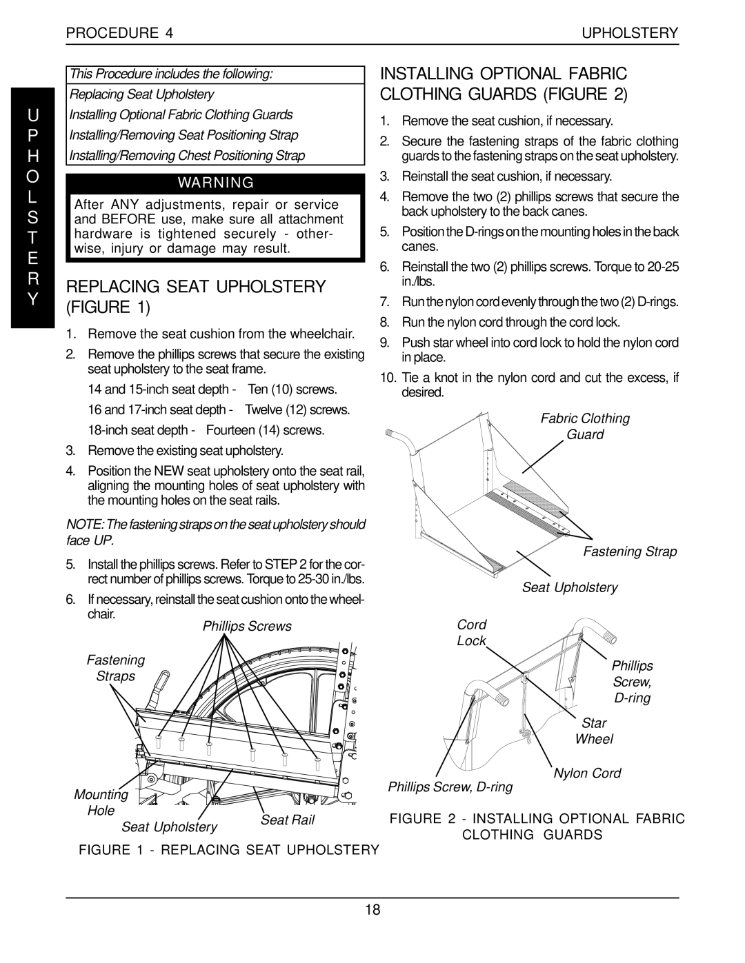 Invacare 60106X144 H O L S T E R Y, Replacing Seat Upholstery Figure, Installing Optional Fabric Clothing Guards Figure 