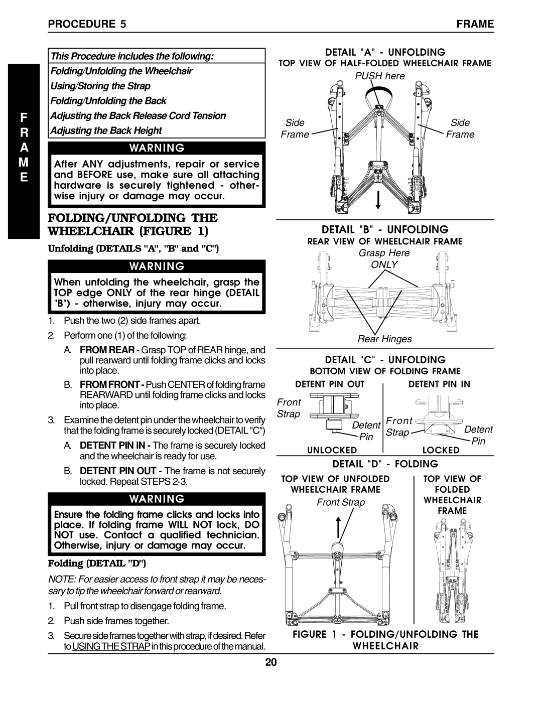 Invacare 1098348, 60106X144 M E, FOLDING/UNFOLDING the Wheelchair Figure, Procedure Frame, Unfolding Details A, B and C 