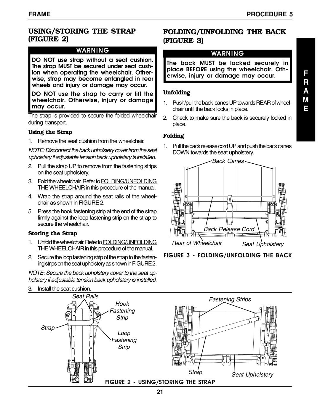 Invacare 1098318, 60106X144, 1101100 USING/STORING the Strap Figure, FOLDING/UNFOLDING the Back Figure, Frame Procedure 