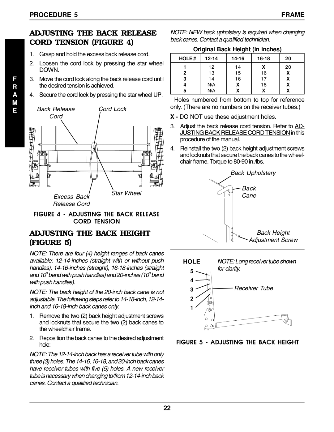 Invacare 1098330, 60106X144, 1101100 Adjusting the Back Release Cord Tension Figure, Adjusting the Back Height Figure, M E 