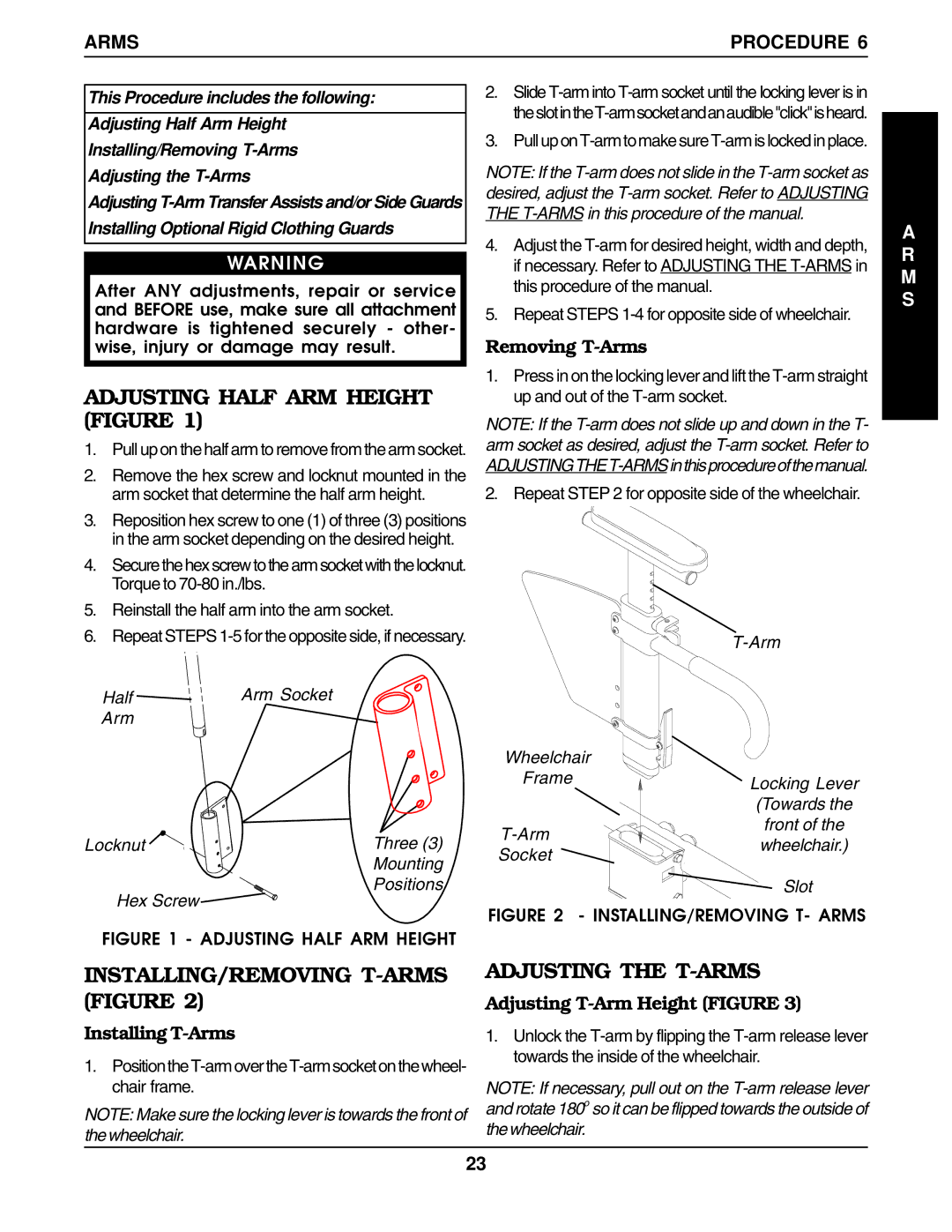 Invacare 1097049 Adjusting Half ARM Height Figure, INSTALLING/REMOVING T-ARMS Figure, Adjusting the T-ARMS, Arms Procedure 