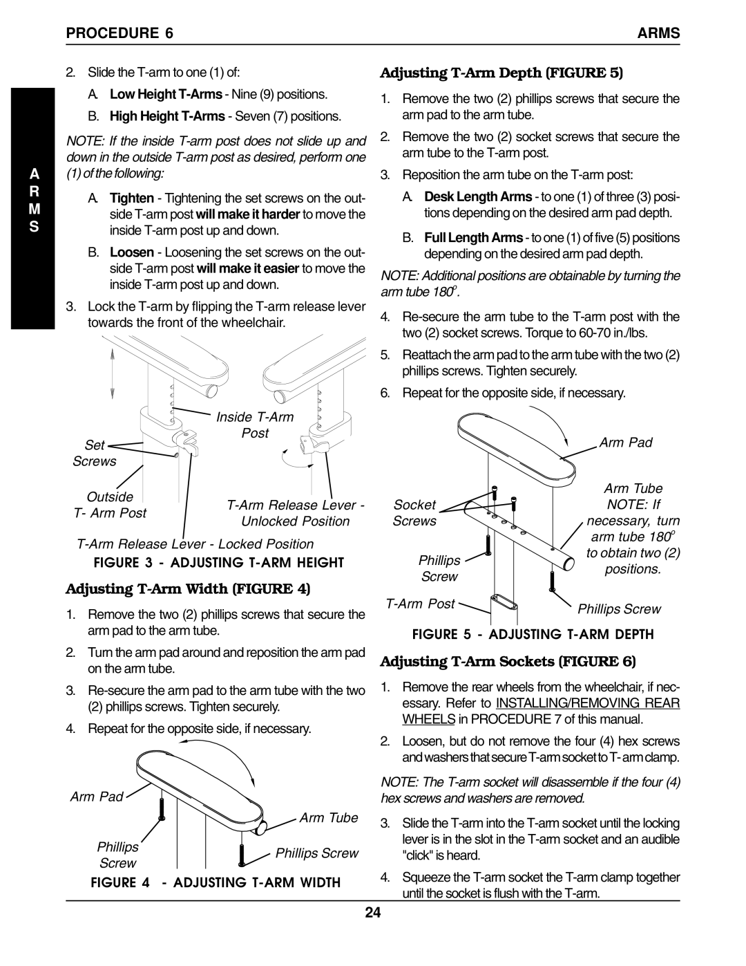 Invacare 60106X144, 1101100 Procedure Arms, Following, Inside T-Arm, Set Screws Outside Post Arm Release Lever Arm Pad 