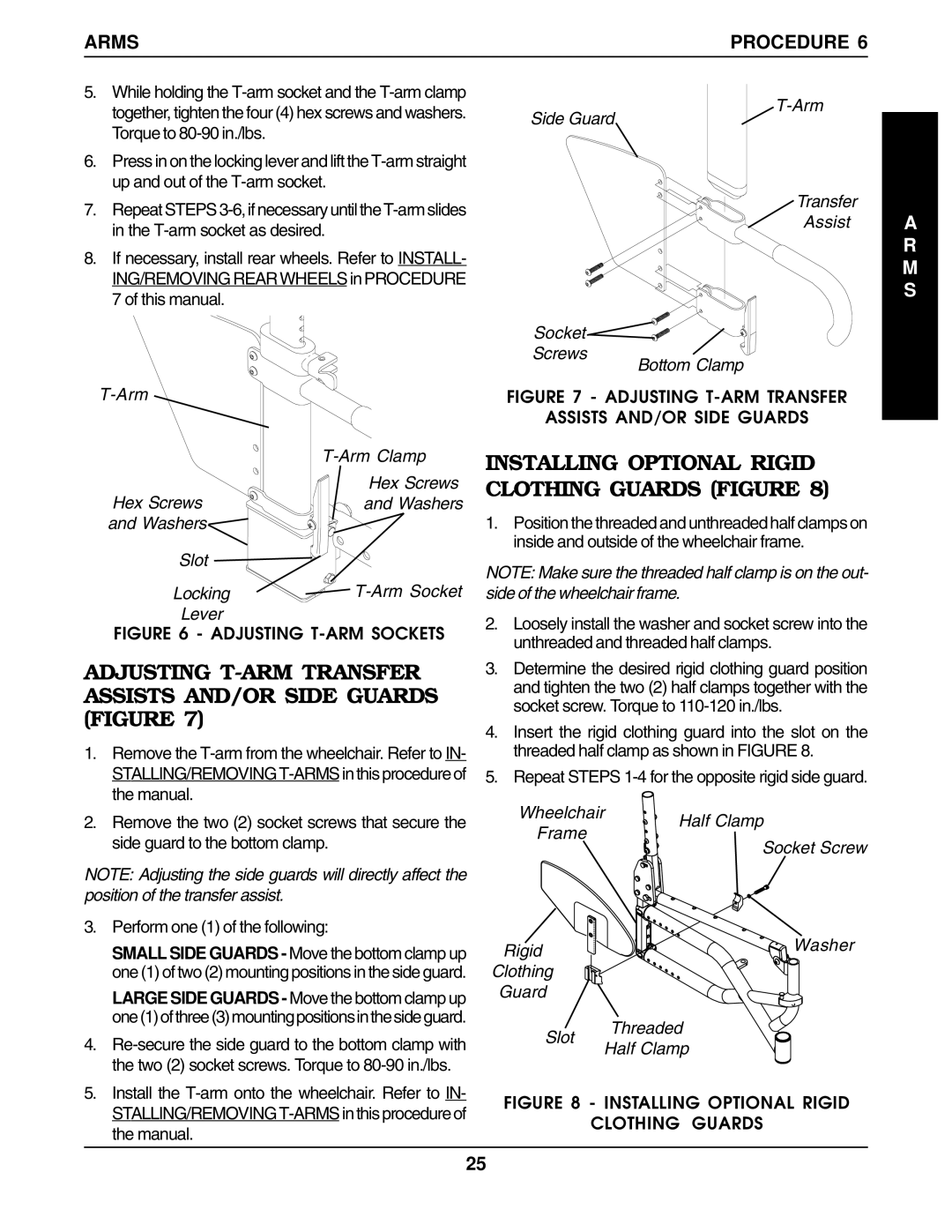 Invacare 1101100, 60106X144, 1098348, 1098318 Adjusting T-ARM Transfer Assists AND/OR Side Guards Figure, Arm Side Guard 