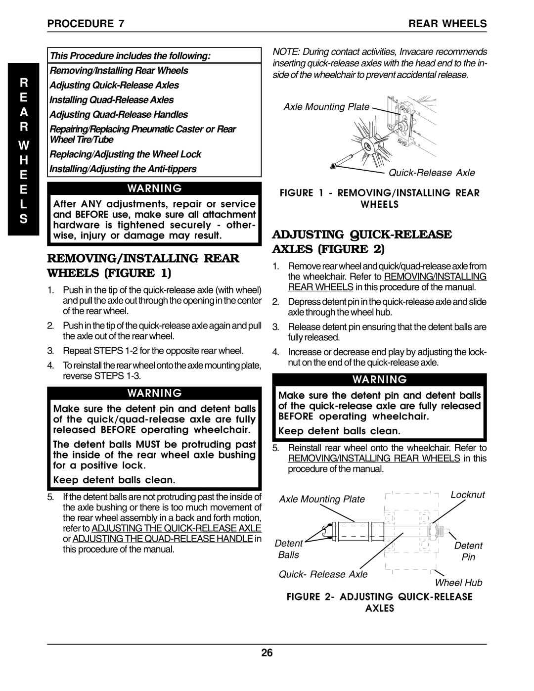 Invacare 1098348 A R, REMOVING/INSTALLING Rear Wheels Figure, Adjusting QUICK-RELEASE Axles Figure, Procedure Rear Wheels 