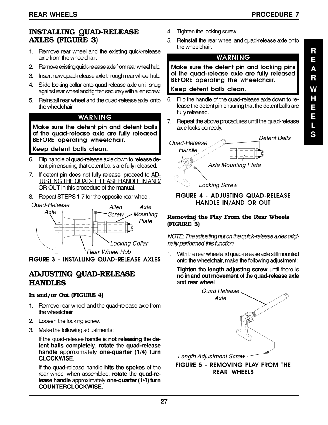 Invacare 1098318, 60106X144 Installing QUAD-RELEASE Axles Figure, Adjusting QUAD-RELEASE Handles, Rear Wheels Procedure 