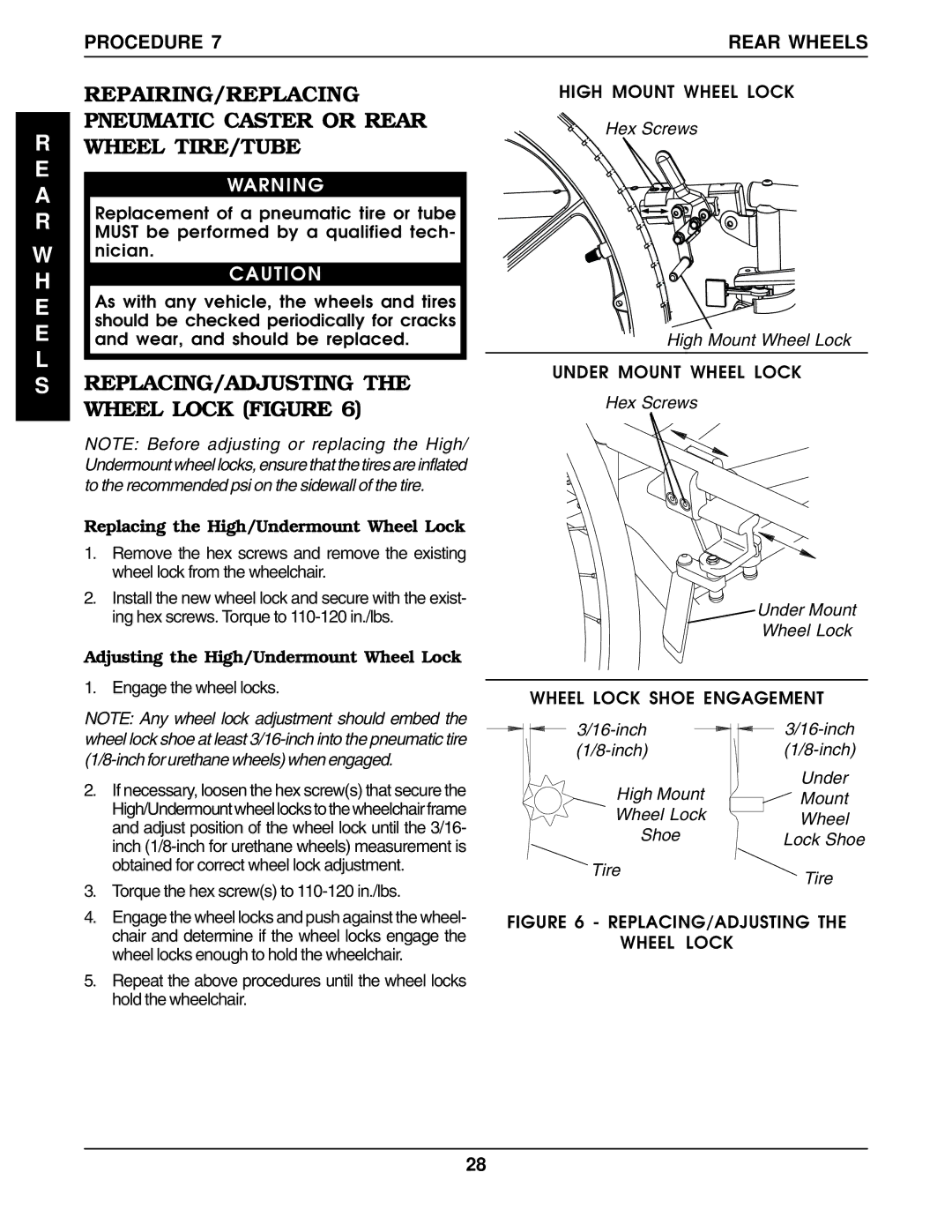 Invacare 1098330, 60106X144, 1101100 REPLACING/ADJUSTING the Wheel Lock Figure, Replacing the High/Undermount Wheel Lock 