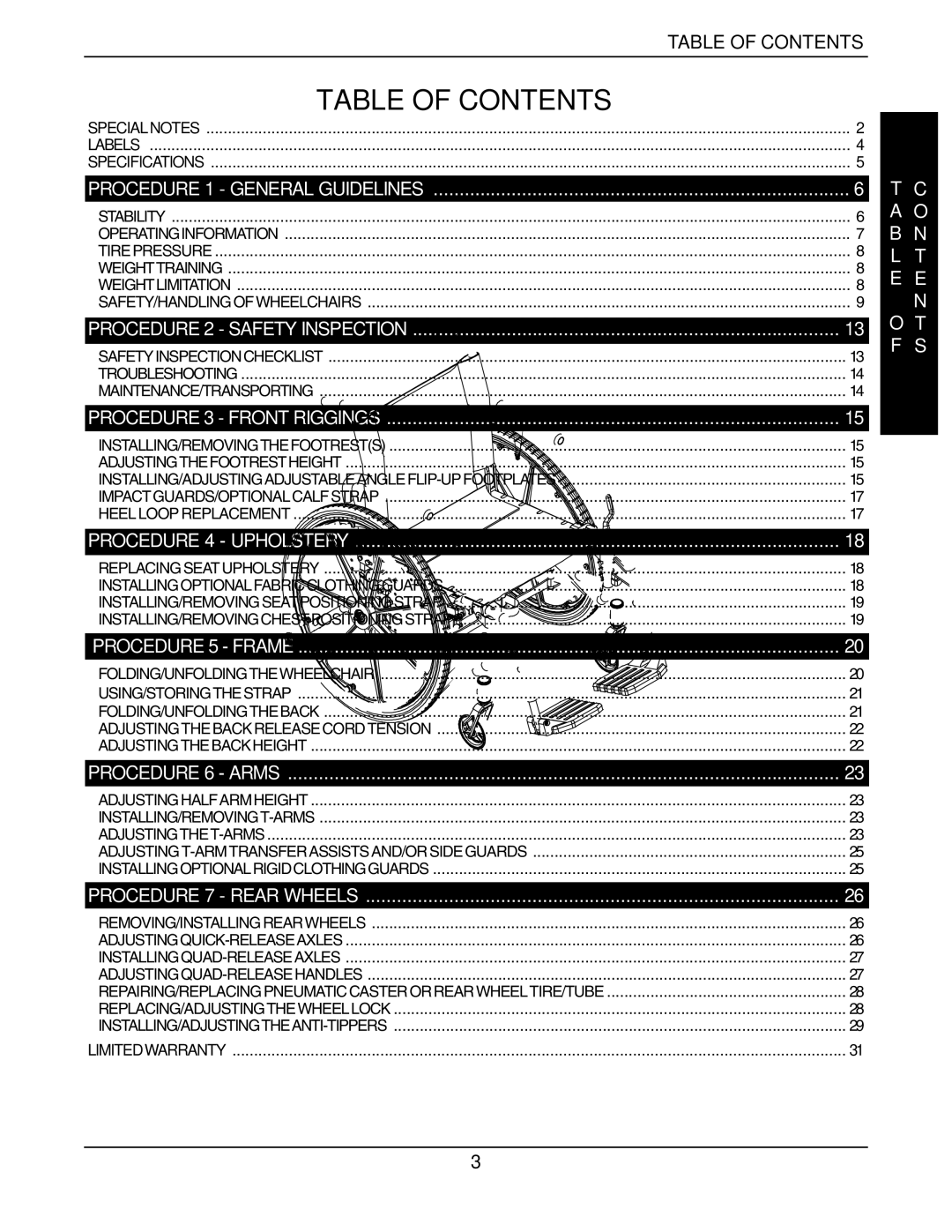 Invacare 1098318, 60106X144, 1101100, 1098348, 1098330, 1097049 owner manual Table of Contents 