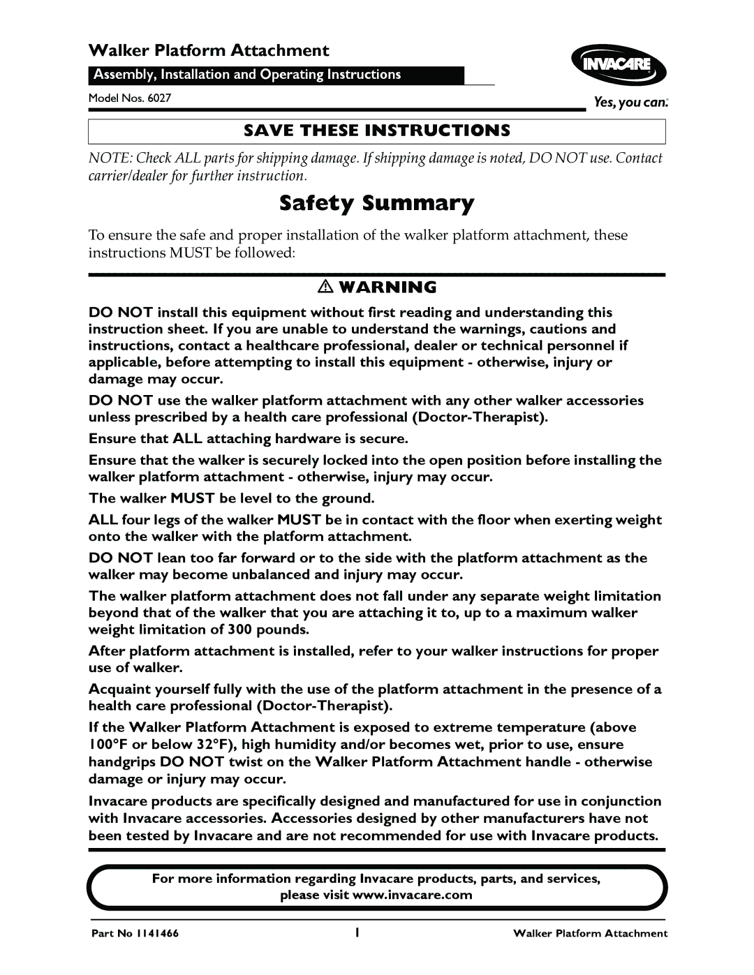 Invacare 6027 instruction sheet Safety Summary 