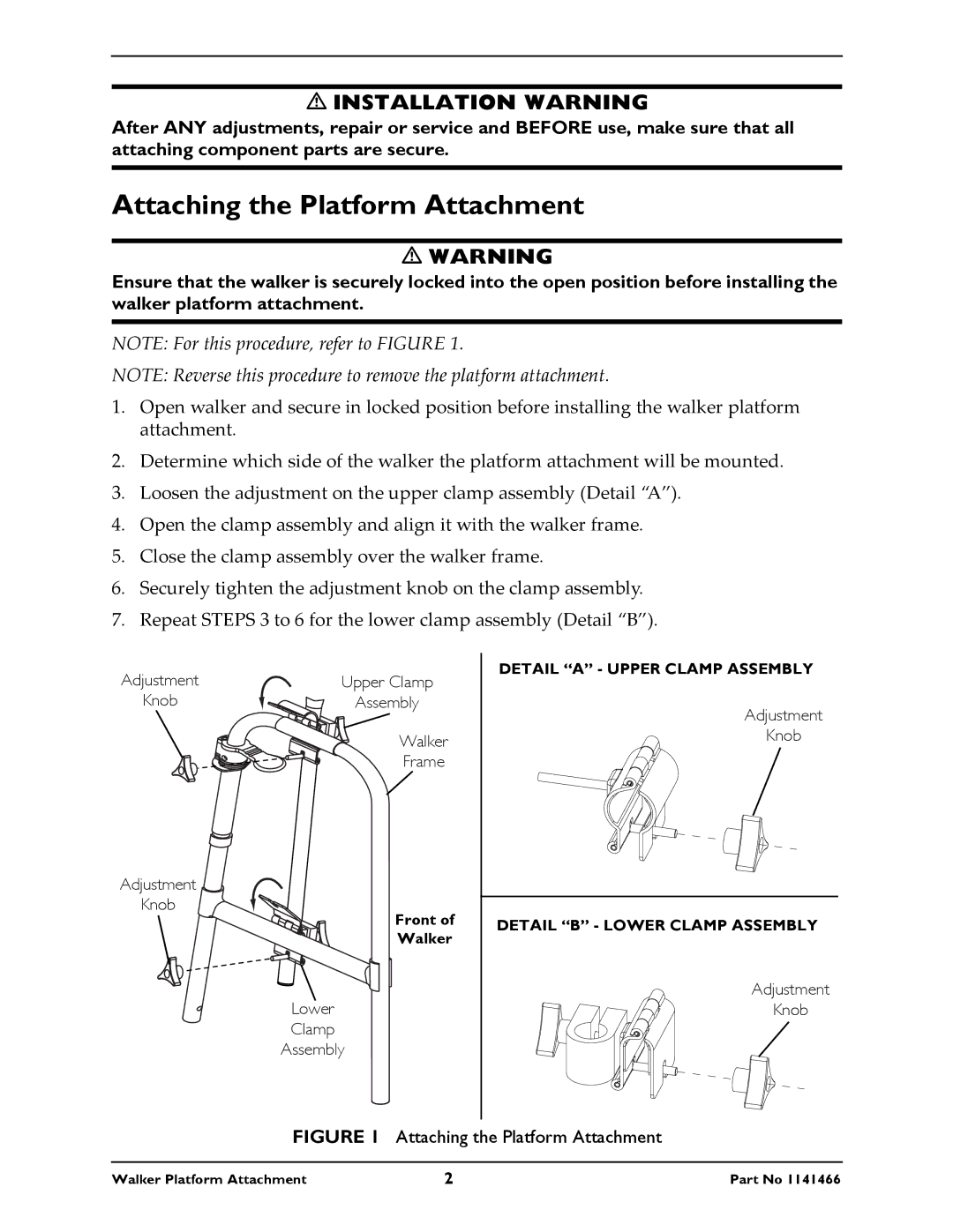 Invacare 6027 instruction sheet Attaching the Platform Attachment, Installation Warning 